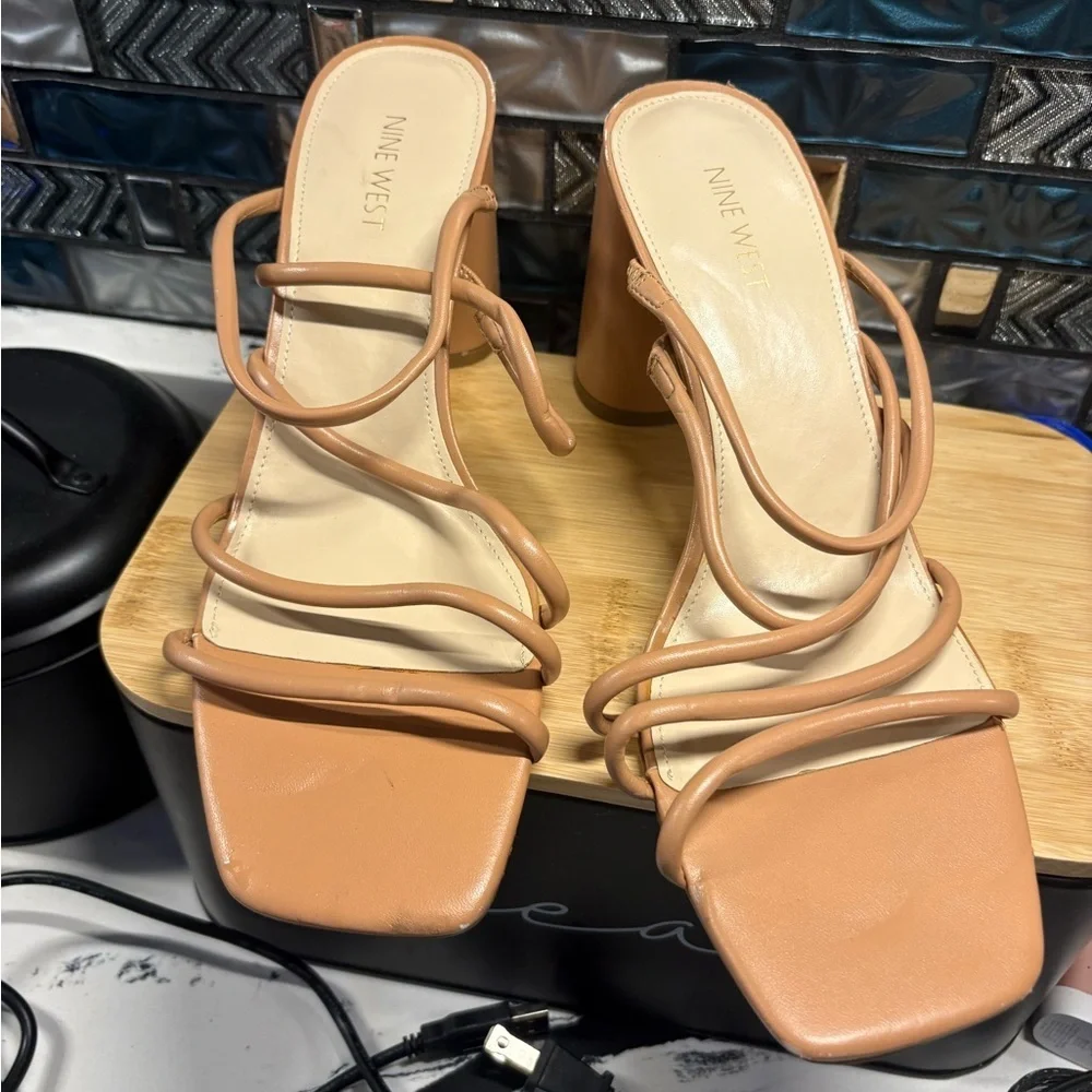 Nine West Strappy Block Heel Sandals in Light Tan
